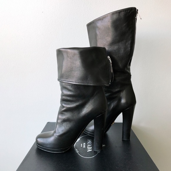 Prada fold-over slouchy leather heeled boots. - Picture 2 of 3